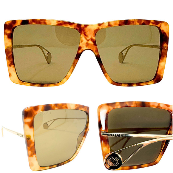 NWT Gucci GG LOGO‎ Oversize Square Sunglasses Brown Acetate Gold Wire Frames - Picture 1 of 16